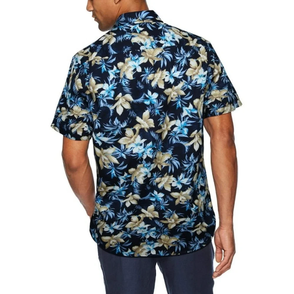 HISDERN Navy Blue Floral Hawaiian Short-Sleeve 100% Cotton Men’s Shirt Size L